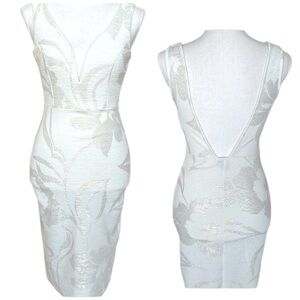 Windsor Cream Silver Gold Jacquard Dress Deep Plunge Backless Boned Bodice Sz S